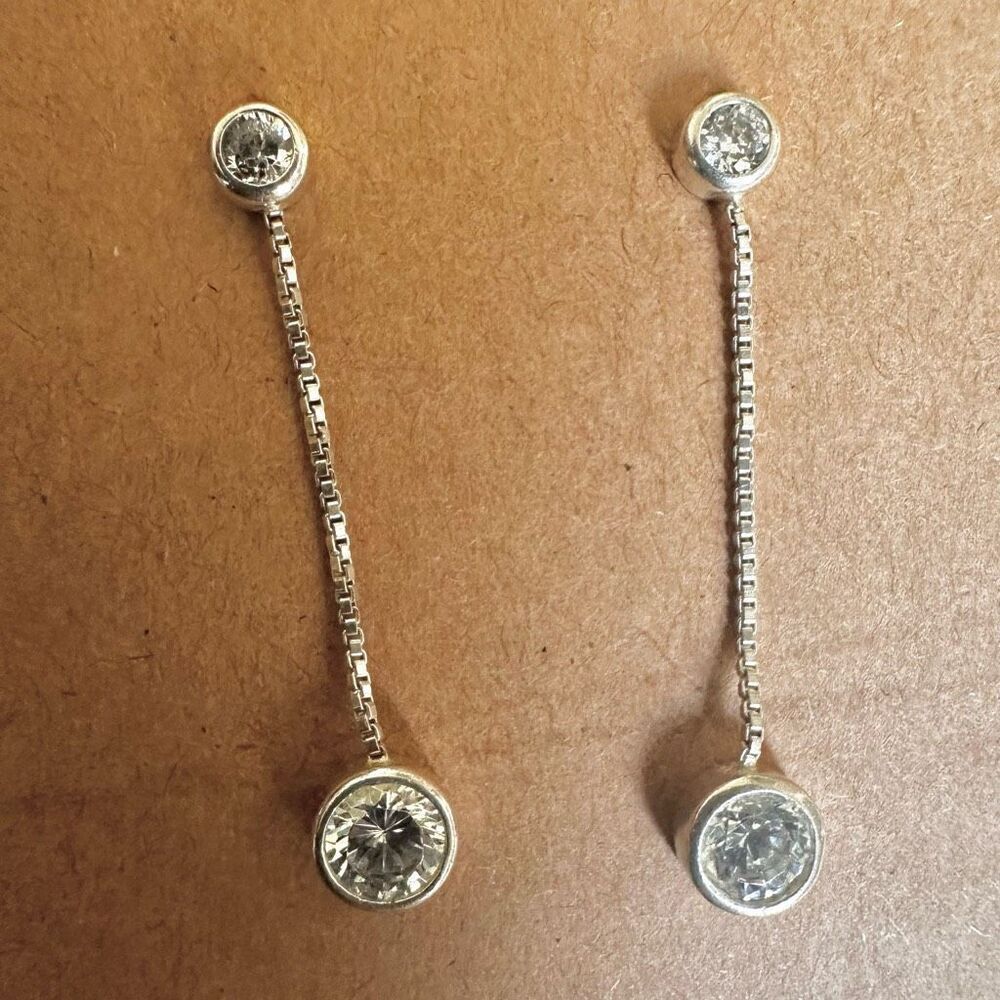 Sterling Silver Box Chain Dangle Earrings with Bezel Set CZ